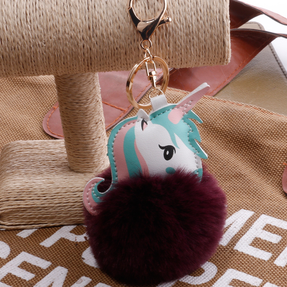 Unicorn Imitation Rex Rabbit Hair Ball Keychain Cartoon PU Pony Bag Plush Pendant Car Keychain Girlspicture2