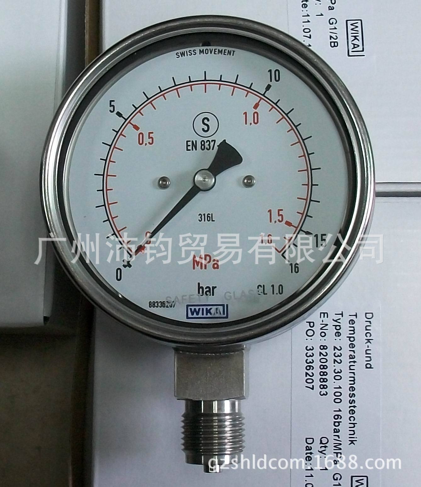 德国WIKA威卡233.50不锈钢316L防腐压力表0-1.6MPA供气供水压力表