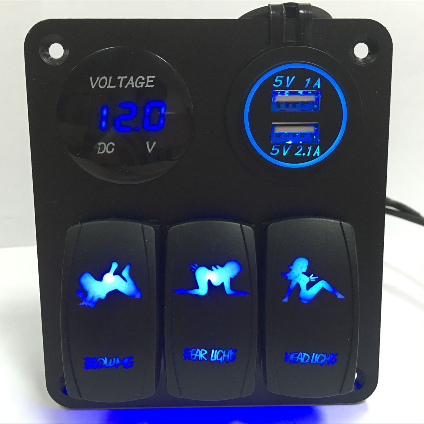 汽车船改装多功能开关车充电压表面板 三位美女图开关组合