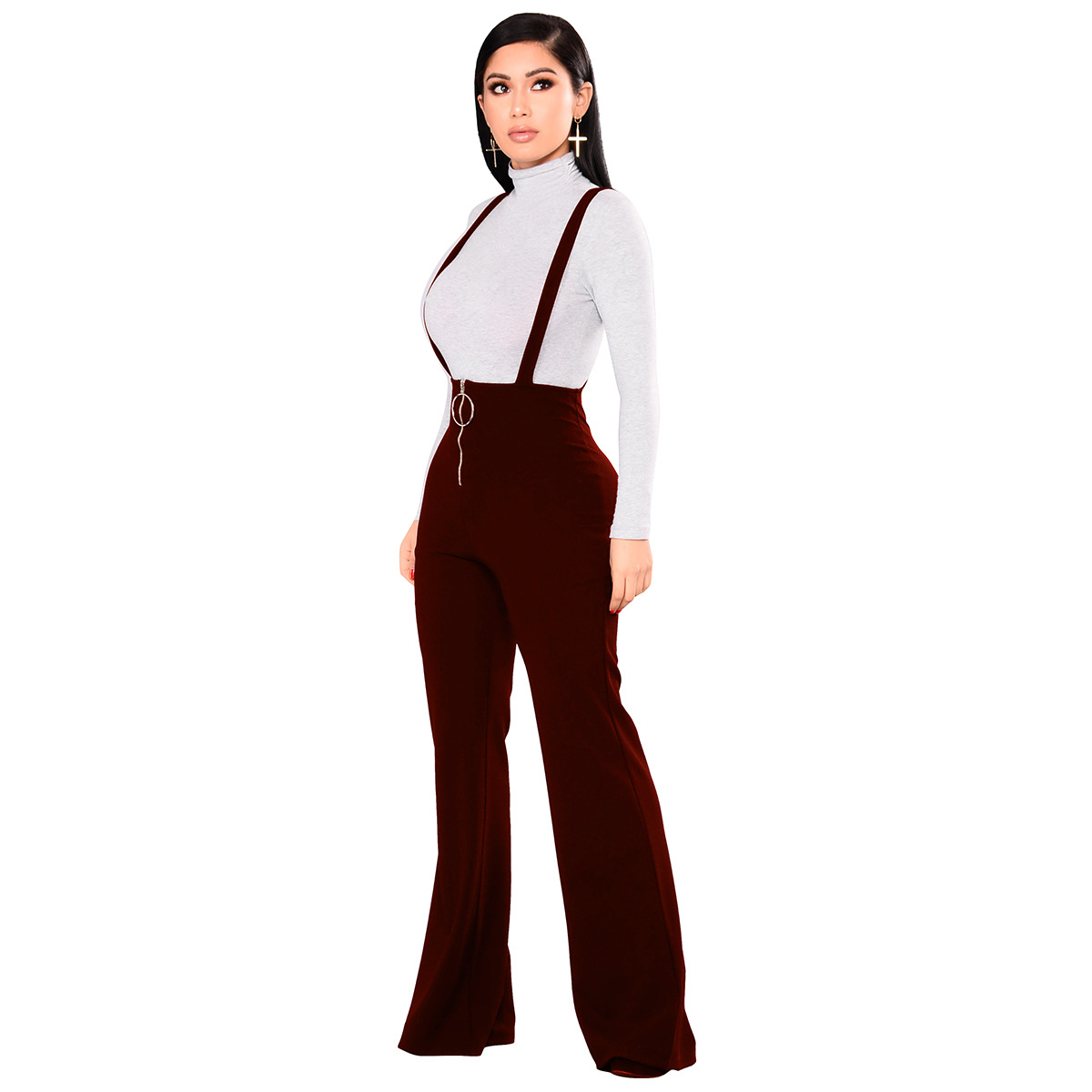 High Waist Large round Buckle Zipper Horn Leg Suspenders Large in Jumpsuits