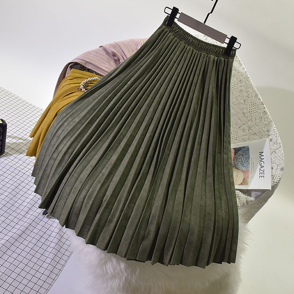 Demi-season velvet long pleated skirt