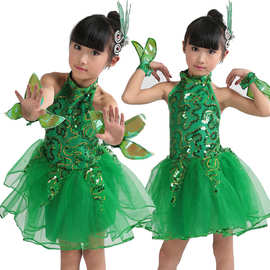 儿童小草演出服亮片表演服装舞蹈纱裙幼儿树叶服装绿色蓬蓬裙