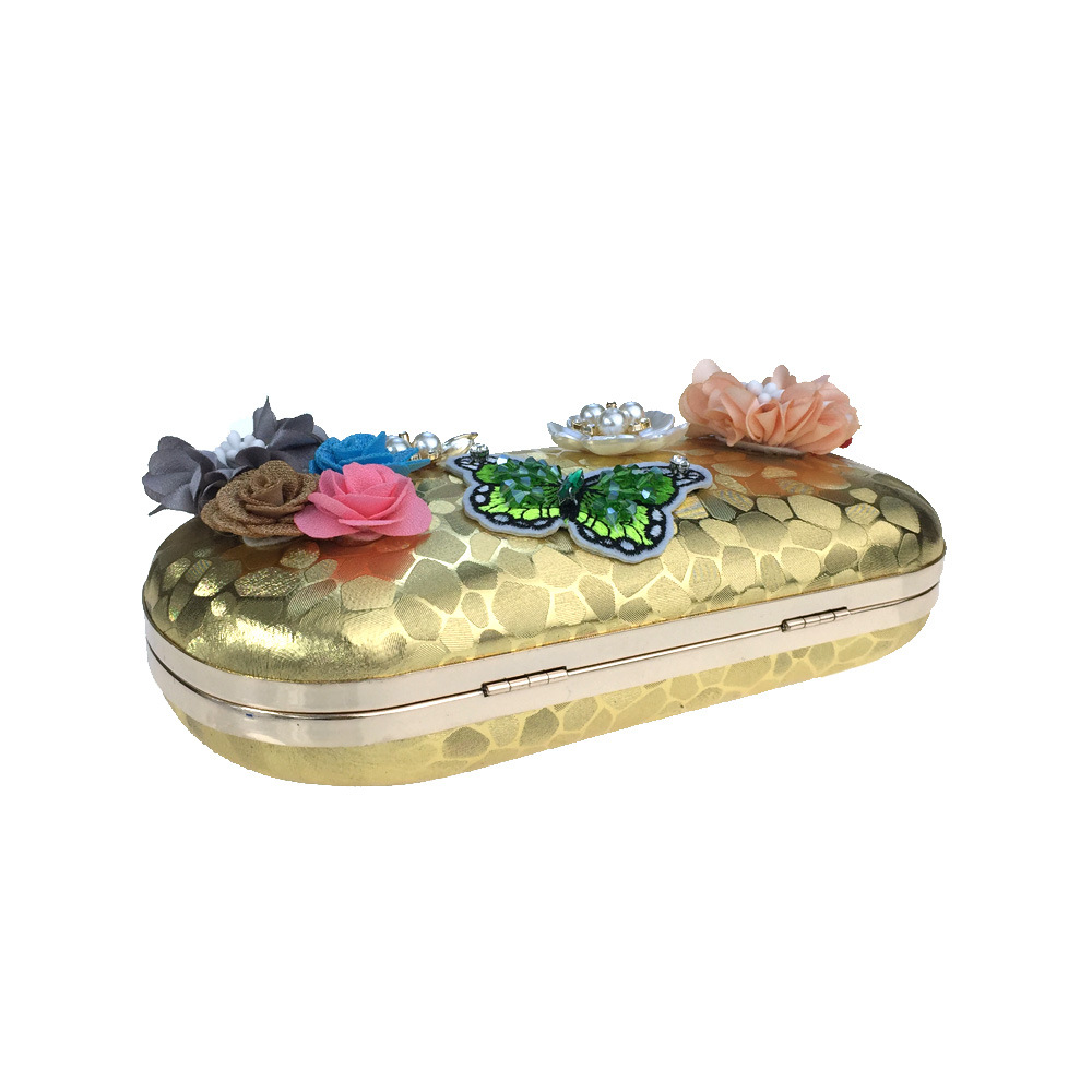 Túi clutch nữ dạ tiệc hoa satin thêu hạt bướm ngọc trai, tay cầm kim loại và dây đeo ngọc trai — Màu đỏ, Màu vàng, Màu bạc chi tiết 13