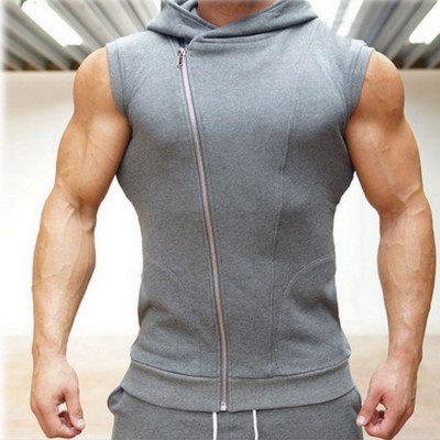 Men's Self cultivation Diagonal zipper motion Vest outdoors run Quick drying Hooded jacket DP men's wear muscle Brother