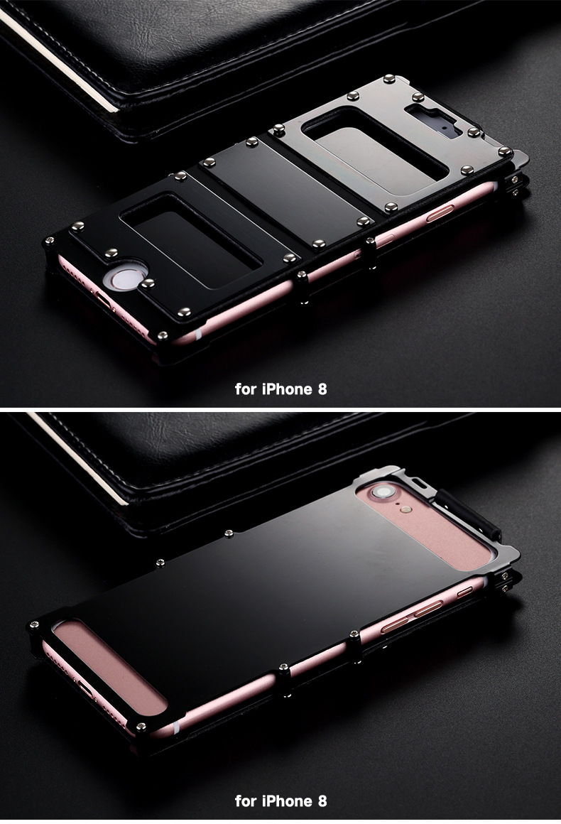 Armor King Iron Man Stainless Steel Dual Window Rivet Leather 360° Flip Case Cover for Apple iPhone 8 Plus & iPhone 8