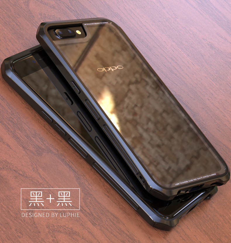 Luphie Nunchaku Airframe Metal Frame Air Barrier Tempered Glass Back Case Cover for OPPO R11 & OPPO R11 Plus