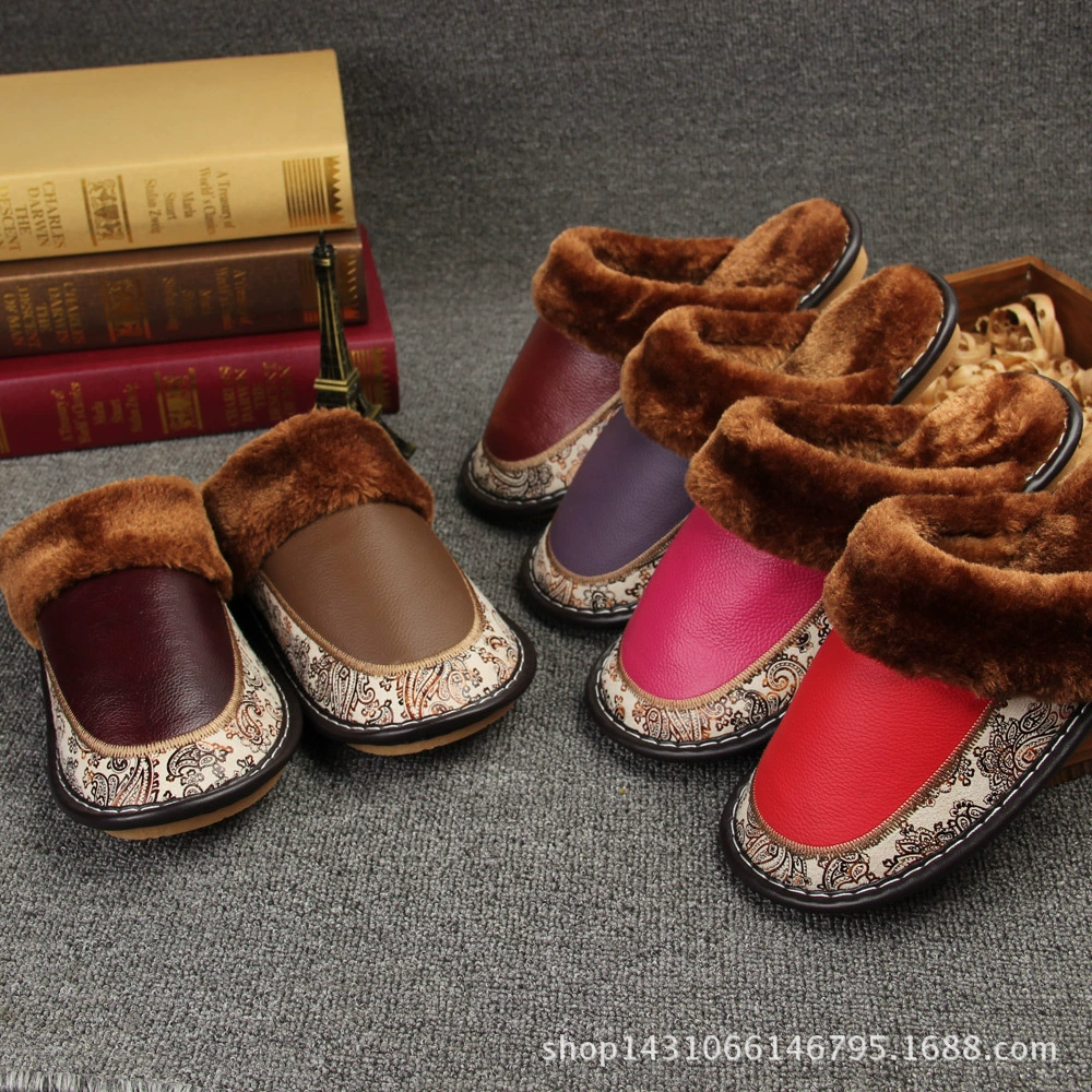 Зимние домашние теплые тапочки из воловьей кожи первого слоя, мужские и женские хлопковые тапочки с низом из коровьей планки, Нескользящие ручной работы на линии