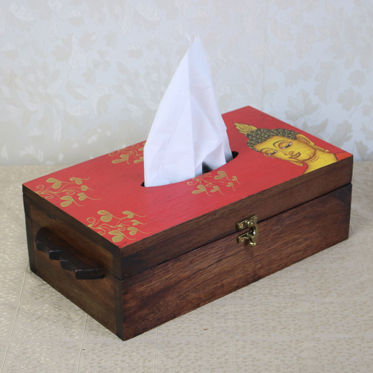 泰国实木纸巾盒 东南亚风格彩绘佛像家居客厅茶几抽纸盒