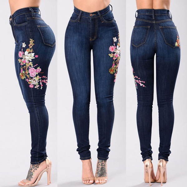 European trousers hole embroidered small feet high elastic jeans