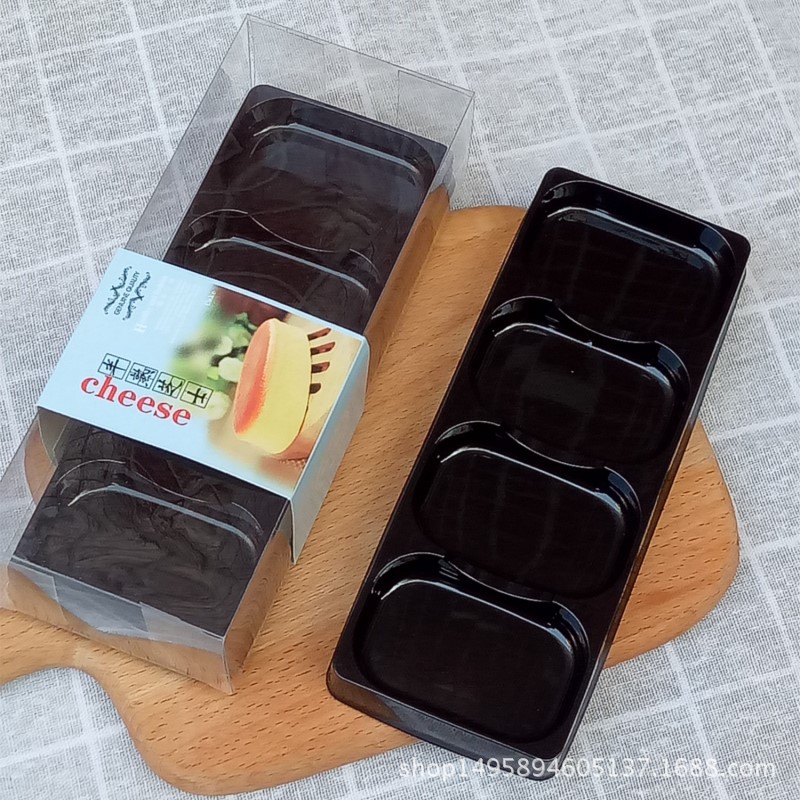 4粒半熟芝士包装盒长方形PET透明轻乳酪蛋糕吸塑打包盒 配卡套/个