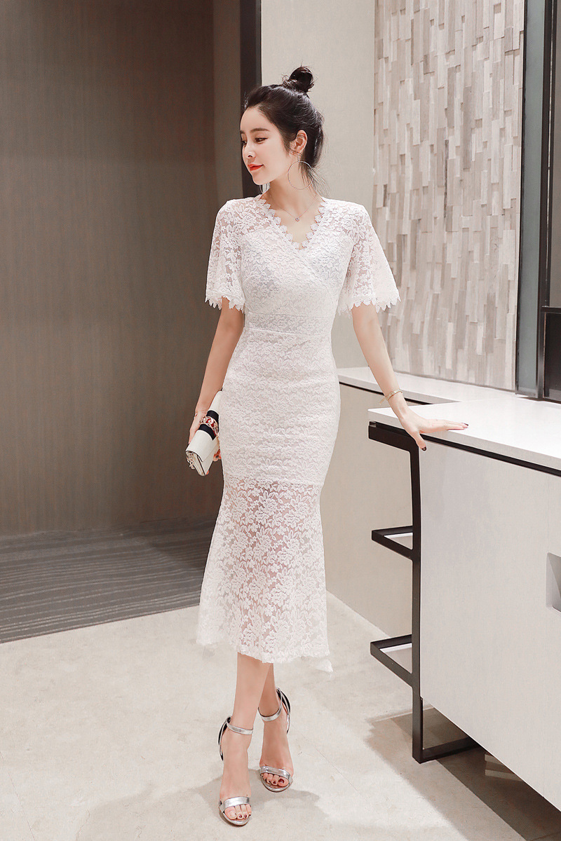 Đầm nữ cổ chữ V ren ôm body dáng dài — Màu đen chi tiết 5