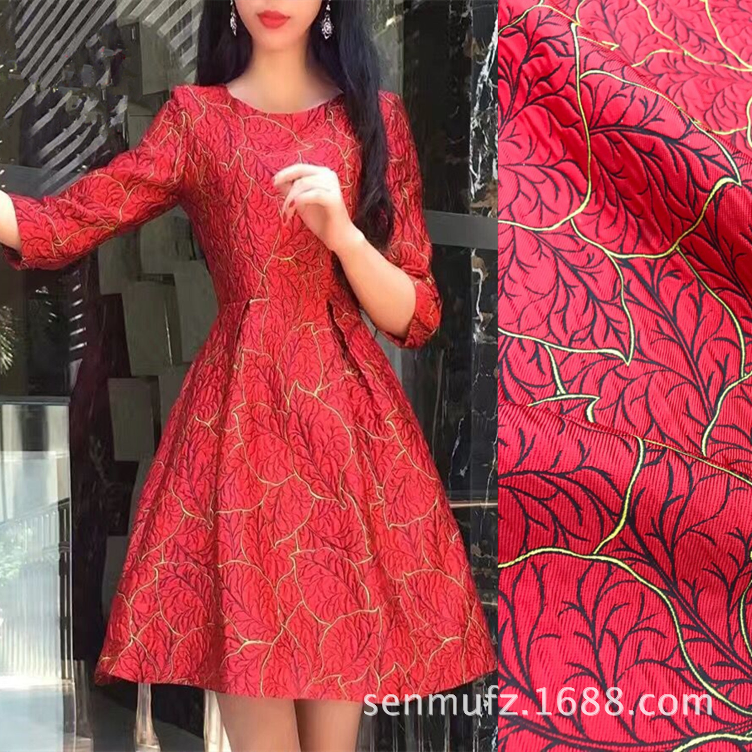 秋冬亲子装女春夏装新款韩国色织面料树叶提花短裙金丝套装批发