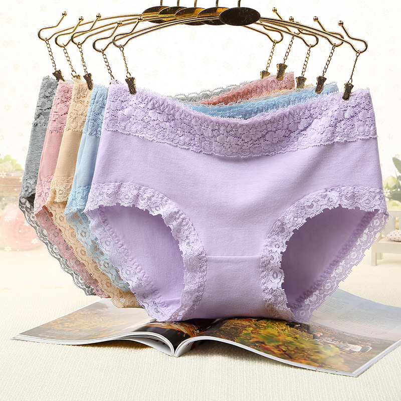 内裤女纯棉裆女士中腰日本性感无痕蕾丝边柔软透气棉质提臀三角裤|ru