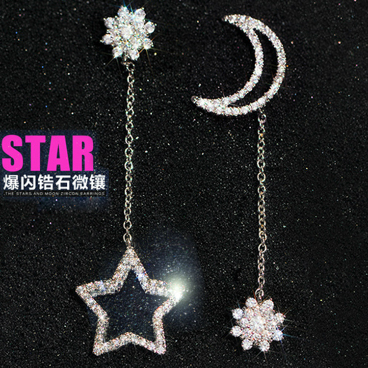 Long Snowflake Earrings Creative Star Moon Asymmetric Zircon Earrings display picture 3