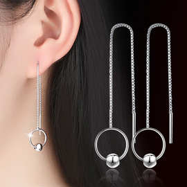 韩国气质长款耳饰 女式 流苏耳环镀银耳饰百搭圆圈串珠耳线