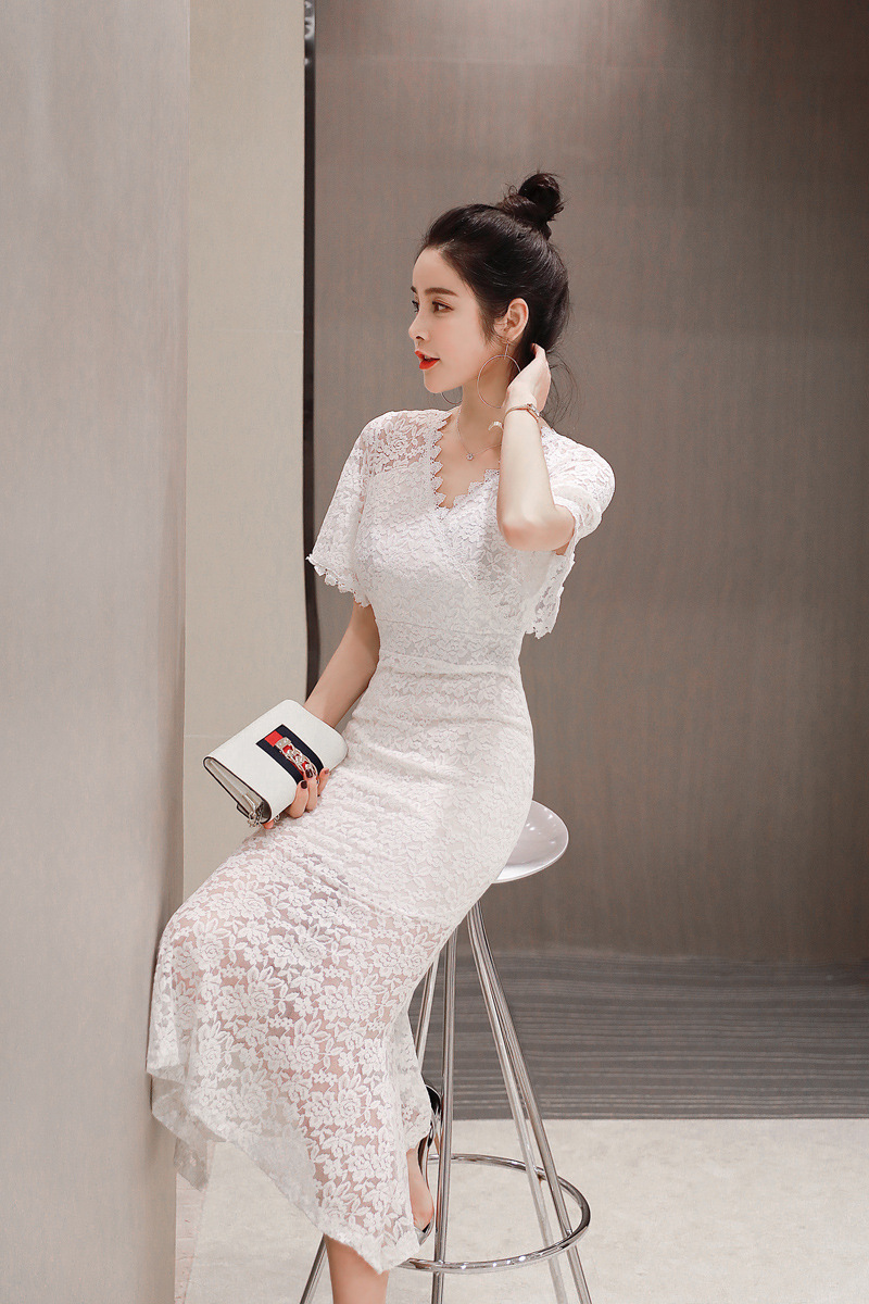 Đầm nữ cổ chữ V ren ôm body dáng dài — Màu đen chi tiết 8