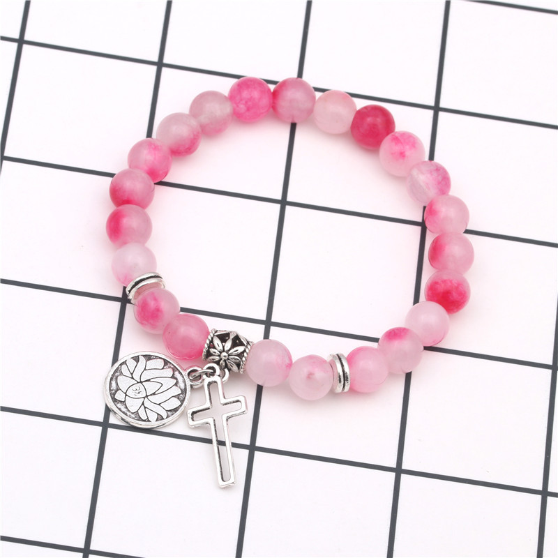 Natural Colorful Agate Beaded Bracelet Yoga Lotus Cross Pendant display picture 1