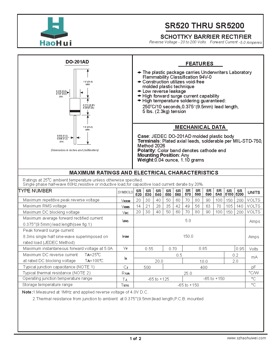 工厂供应插件SR540   DO-27肖特基二极管