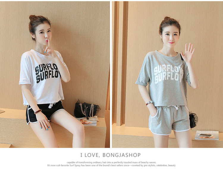 帮手描述图：厂家直销夏季韩版韩国灰色字母睡衣女运动套装短袖短