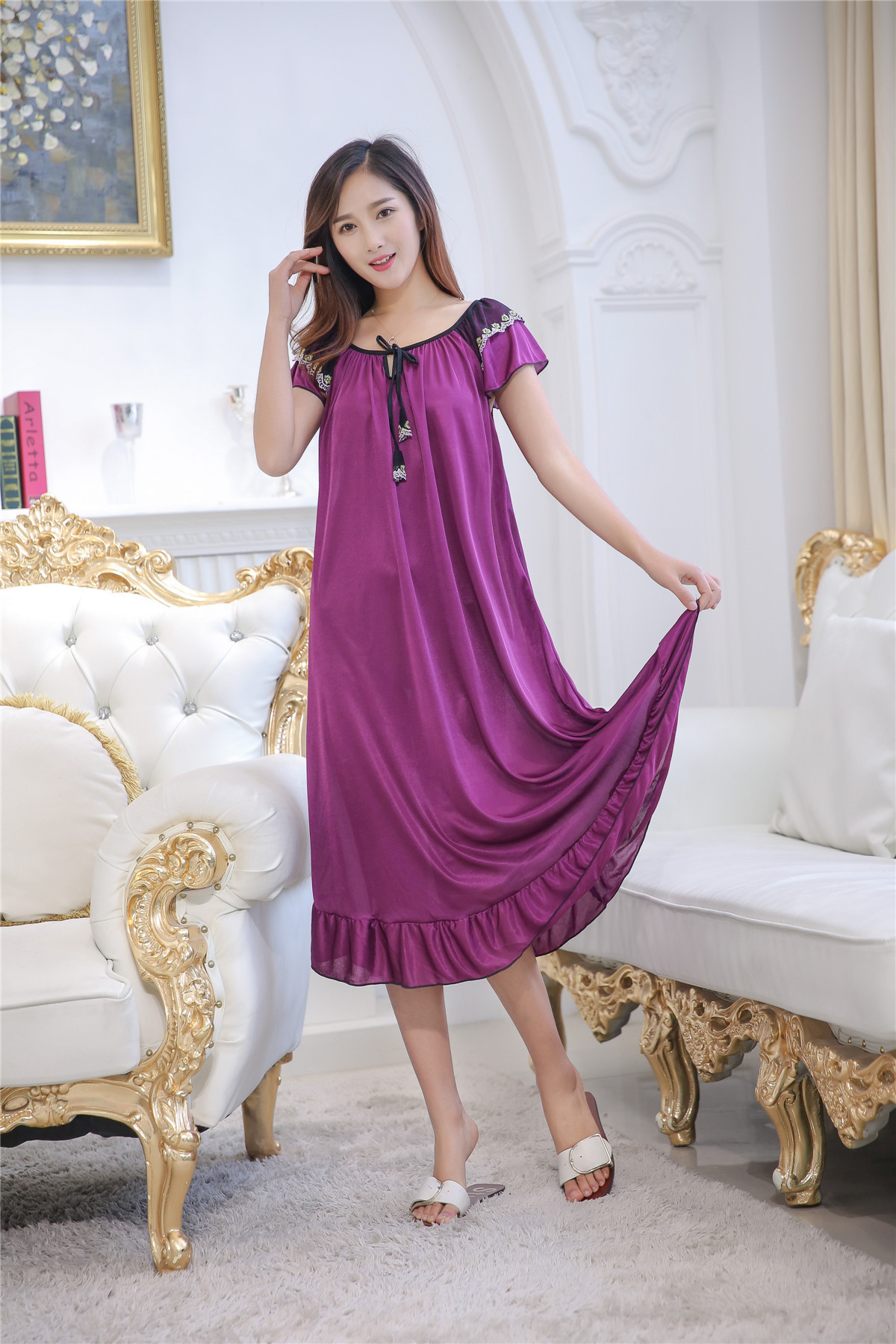 Simple Sexy  Solid Color Short Sleeves Ice Silk Polyester Long Pajamas display picture 53