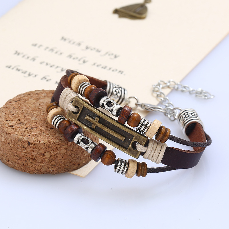 Retro Geometric Cross Alloy Wooden Beads Leather Knitting Unisex Bracelets display picture 2