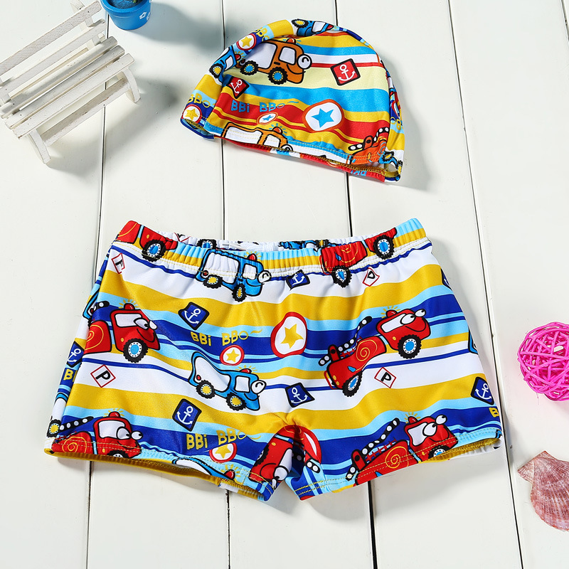彩色卡通印花带泳帽男童泳裤 儿童泳衣二件套厂家批发