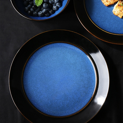 慕橙家居陶瓷圆形大盘创意复古渐变蓝西餐餐盘欧式餐厅餐具牛排盘|ms