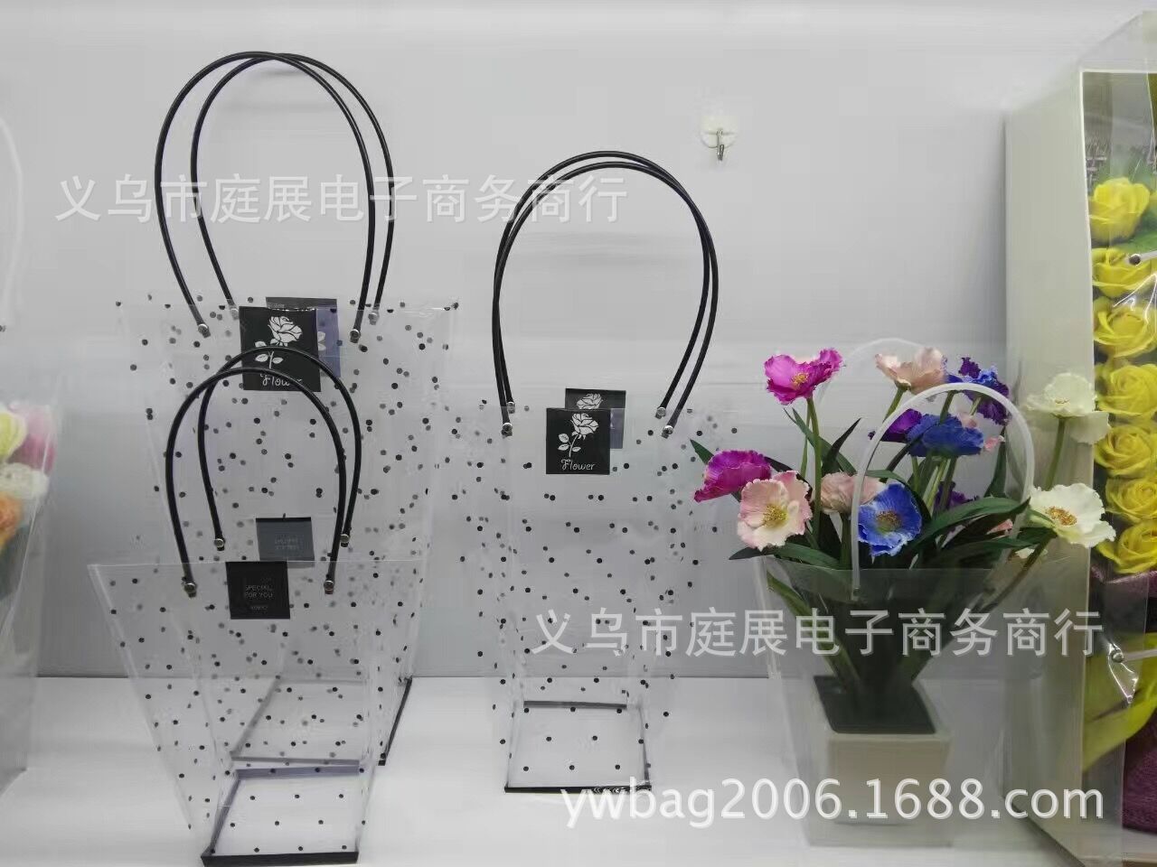 新款PVC透明花袋 UV环保印刷T形花束袋 PP鲜花手提袋 玫瑰花袋