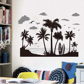 墙贴批发欧式黑色风格贴画可移除背景装饰自粘贴纸海洋椰子裸装