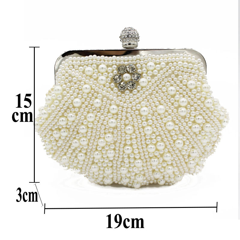 Túi clutch nữ dạ hội thêu chuỗi ngọc trai cầm tay – kiểu vỏ sò be — Màu trắng, Màu trắng be chi tiết 1