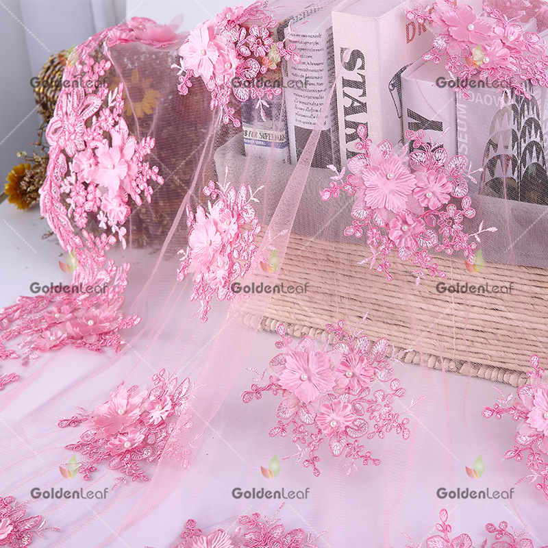 厂家直销三合一带珠子立体花朵绣花面料舞台服婚纱礼服亮片布料