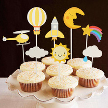 太阳月亮云朵彩虹飞机火箭热气球儿童生日蛋糕插件装饰插牌插卡