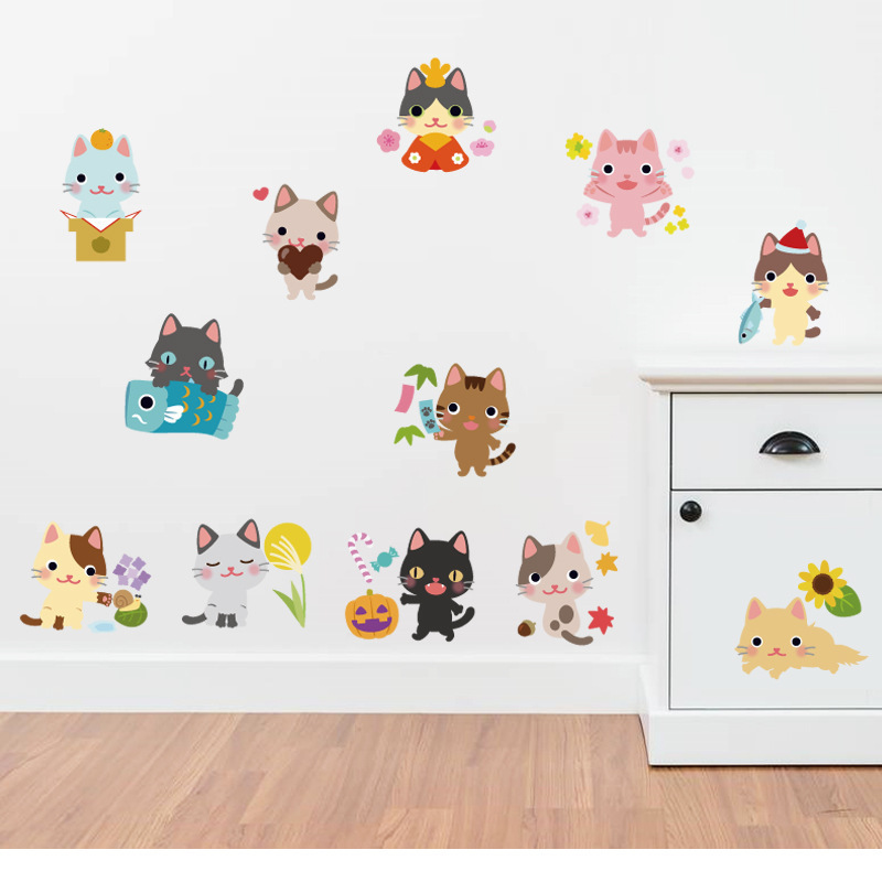 墙贴厂家批发新款彩色猫咪组合随心贴卧室厨房可移除墙贴SK36006