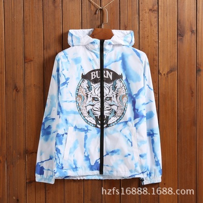 春夏季薄款连帽翻领风衣定制全身印男士休闲花印广告男工装外套