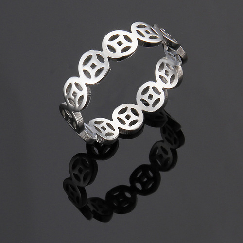 Custom Factory Titanium Steel Ring with Ancient Copper Coin Pattern for Women, Rose Gold Plated Titanium Steel Ring Wholesale