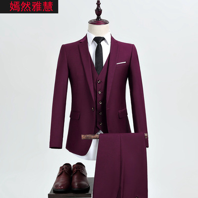 春装男士韩版修身西服套装 男大码休闲上班新郎礼服西装三件套潮|ru