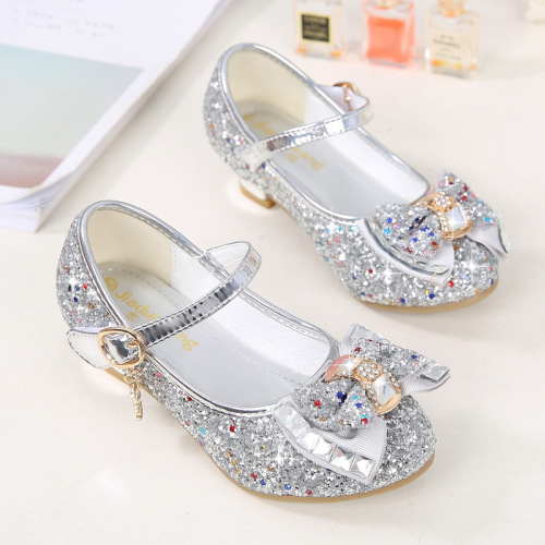 new autumn girls' small high-heeled leather shoes sequined upper bow decorated children's dance shoes