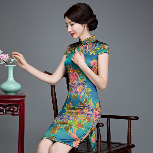 Chinese Dresses Qipao silk Qipao temperament mother dress mulberry silk short sleeve slim retro flag