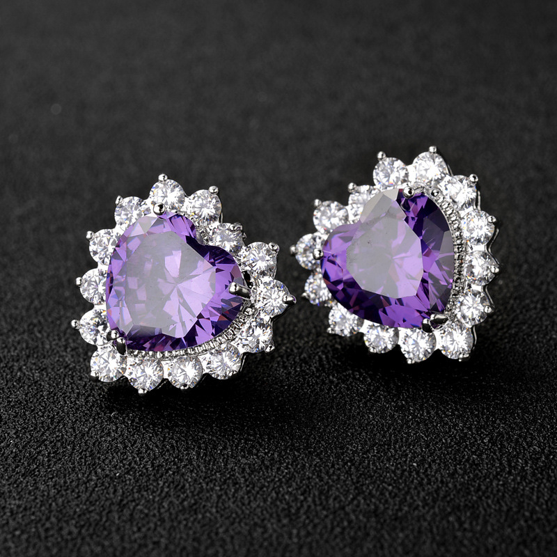 28g Weight Artificial Gemstones Inlay Material Earrings, Ear Studs Classification Wedding, Travel Occasion Copper Material Heart Pattern Women'S Gender Fashion Style Purple, Green, Silver Color Fashion Jewelry Simple And Sweet Inlaid With Aaa Zircon Heart-shaped Earrings 7