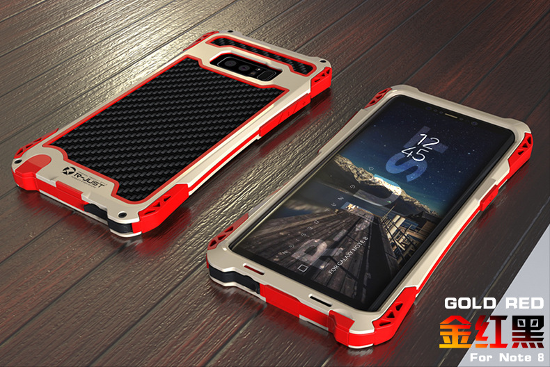 R-Just Amira Heavy Duty Dirtproof Shockproof Rainproof Aluminum Metal Bumper Carbon Fiber Back Cover Case for Samsung Galaxy Note 8