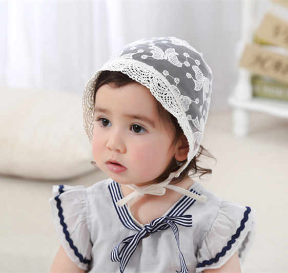 欧美夏季新款婴幼儿套头帽系绳帽遮阳透气蕾丝蝴蝶结儿童帽子