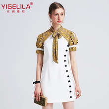 YIGELILA2018夏季新款  小立領拼接雪紡碎花短袖修身連衣裙62715