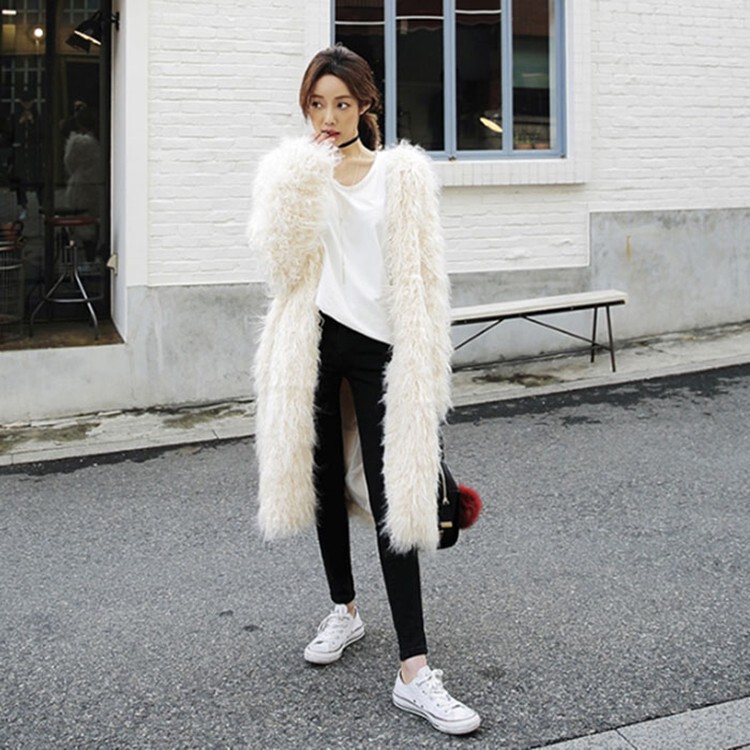 Fashion New Faux Fur Coat Long Sleeve Women's Imitation Long Fur Jacket White Light Luxury