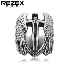 R0086-NK01 十字架翅膀男士钛钢复古戒指 堕落天使铸造指环