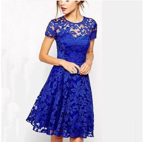 Elegant fashionable blue lace dress with a round collar