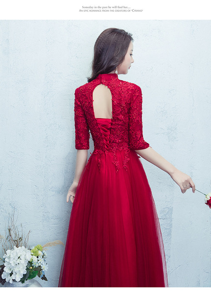 Spring fashion bride toast clothing long slim dress lace collar female wedding banquet