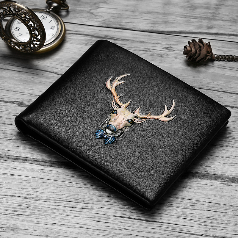 JIVIVIL品牌正品手工男士钱包真皮鹿头钱袋个性横款钱夹一件代发