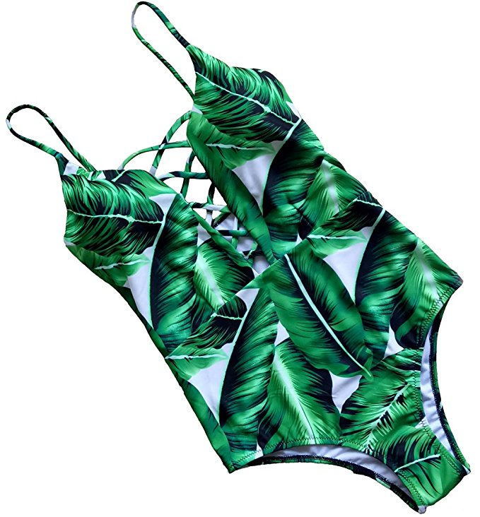 Plunging Neck Leaf Print Criss Cross Lace-up Swimsuit