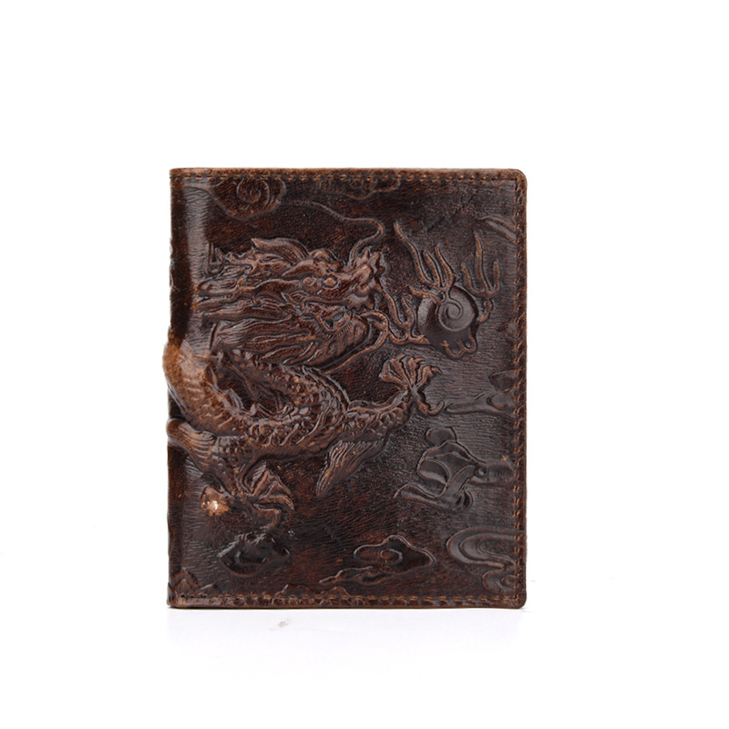 Oil wax wallet for men women, genuine leather with dragon tiger patterns, 2-fold top layer cowhide wallet, and_voghion.com