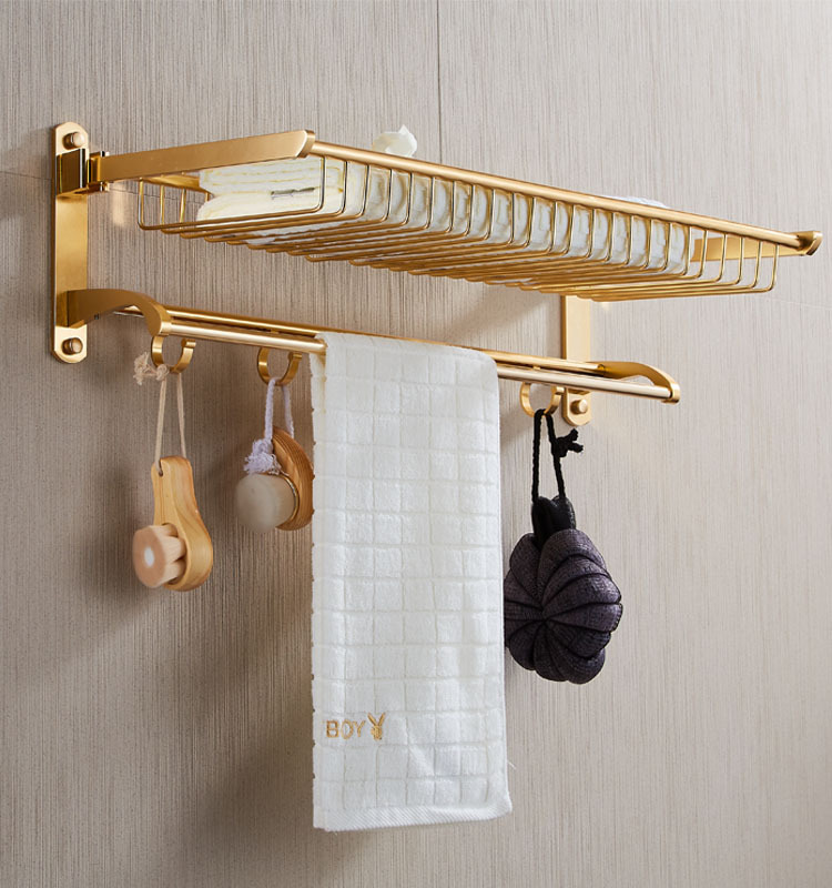 浴室置物架太空铝卫生间毛巾架 洗手间双层新款可折叠网篮浴巾架